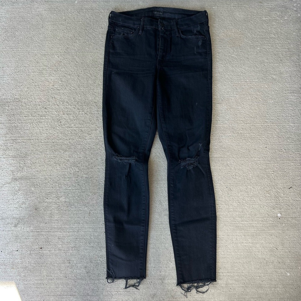 MOTHER Looker Ankle Fray Skinny Jeans Black Distressed Wash Size 27